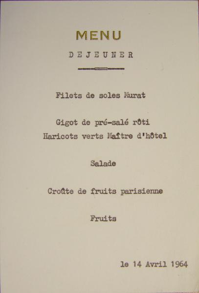 Menu de déjeuner : Matignon, 14 avril 1964