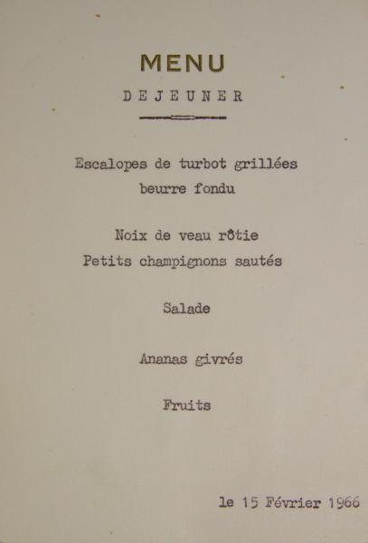 Menu de déjeuner : Matignon, 15 février 1966