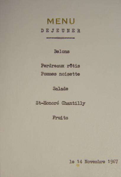 Menu de déjeuner : Matignon, 14 novembre 1967