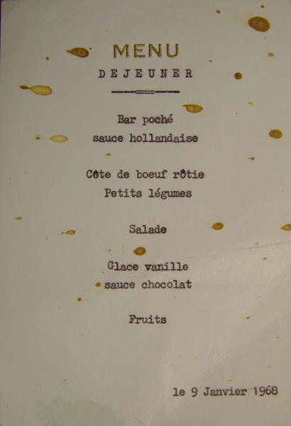Menu de déjeuner : Matignon, 9 janvier 1968